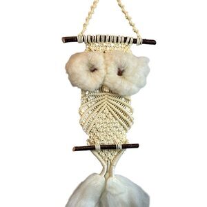 Vintage Midcentury Macrame Owl Wall Hanging Decor on Sticks